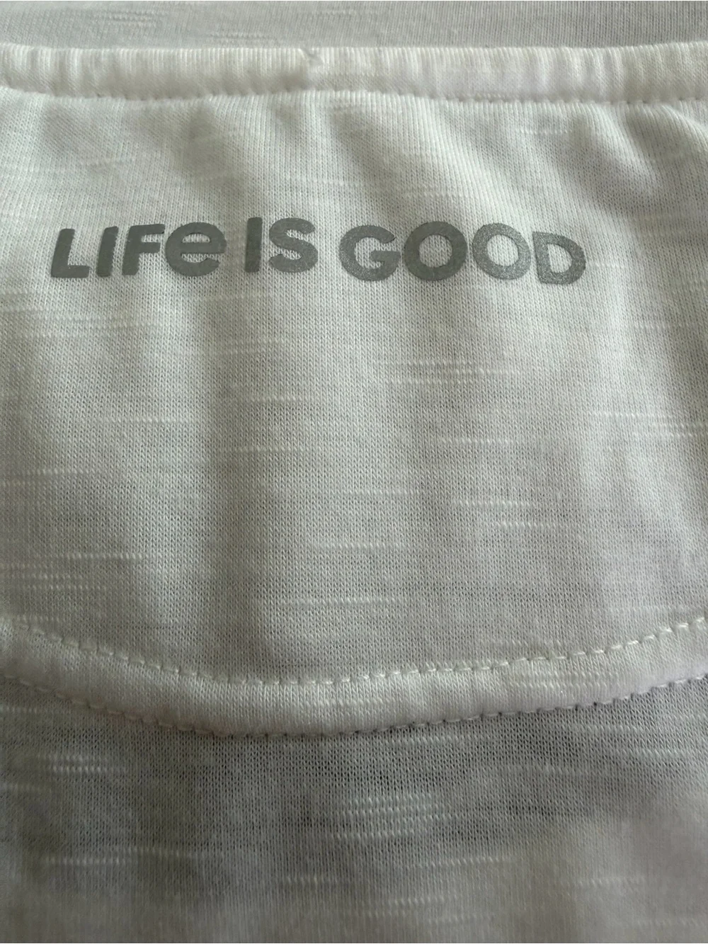Life Is Good White T-Shirt with Light Blue Hot Dog Graphic